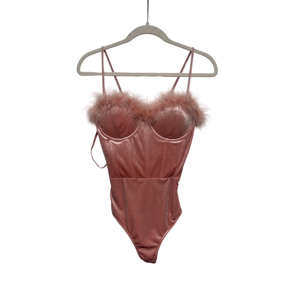 Windsor Pink Velvet Feather Trim Bodysuit Size S - Picture 2 of 7